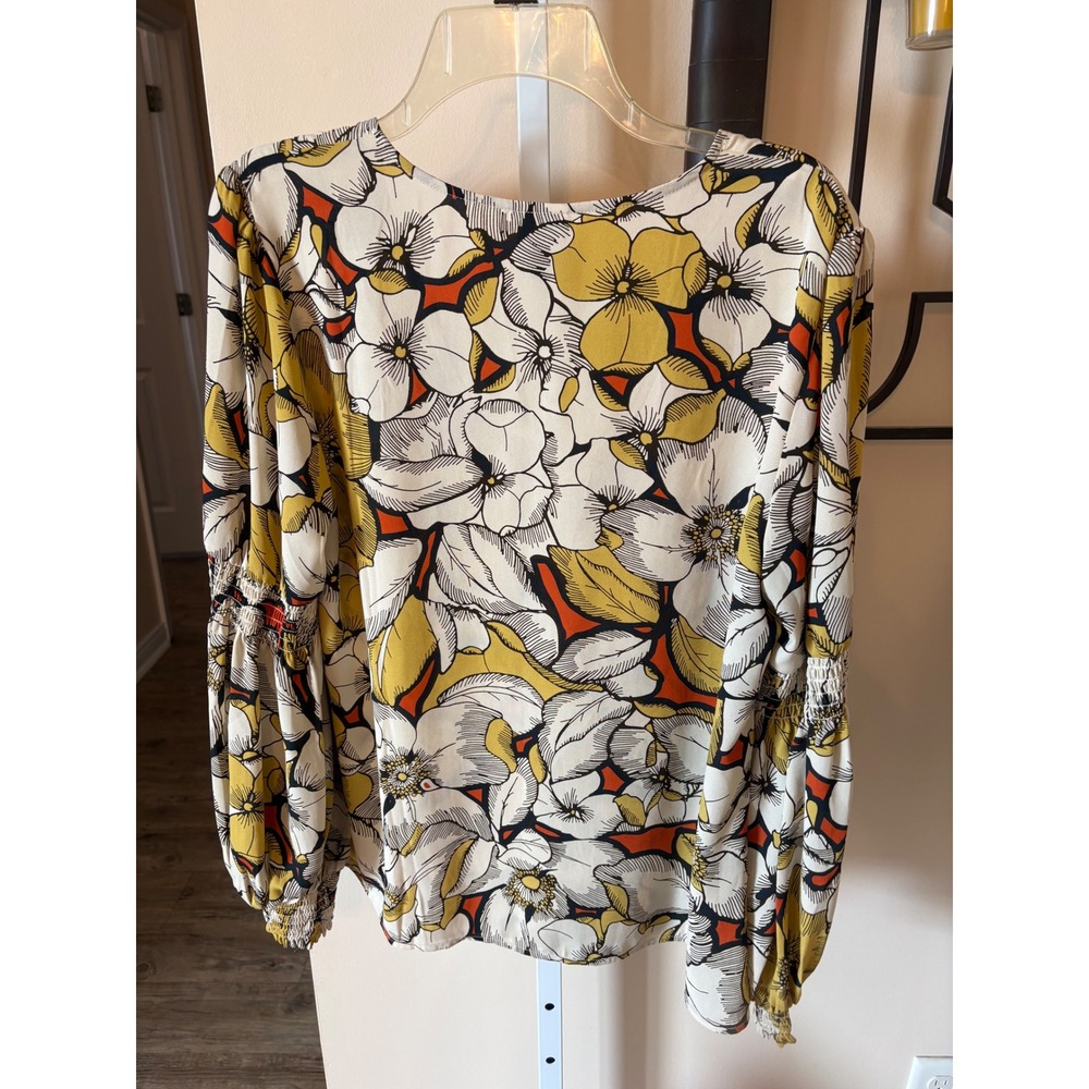 Cabi Women Mustard Floral Smocked Bishop Sleeve V-Neck Blouse Top Size M - Picture 6 of 6